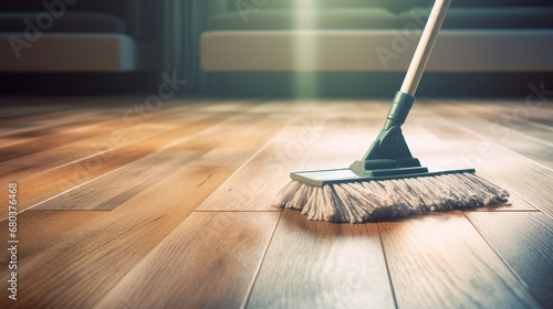 Floor cleaning with mob and cleanser foam. Cleaning tools on parquet floor