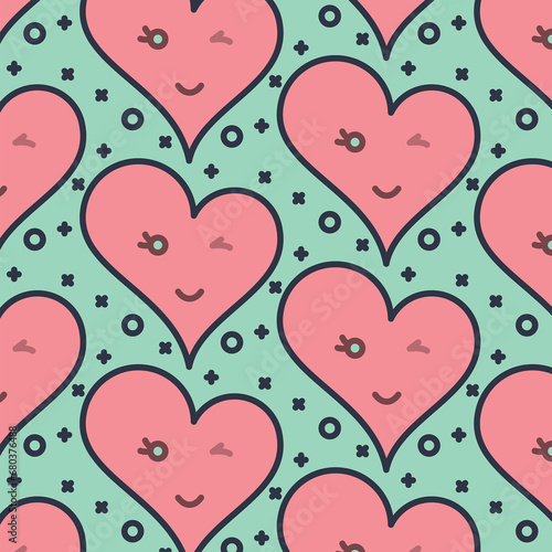Digital png illustration of green and red pattern of repeated hearts on transparent background