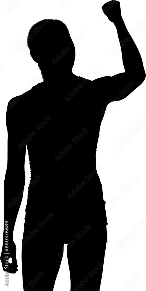 Digital png illustration of silhouette of sportswoman with hand up on transparent background