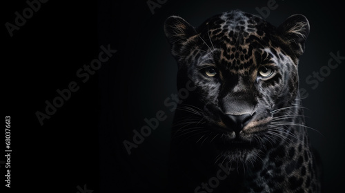 Front view of Panther on black background. Wild animals banner with copy space © Boraryn