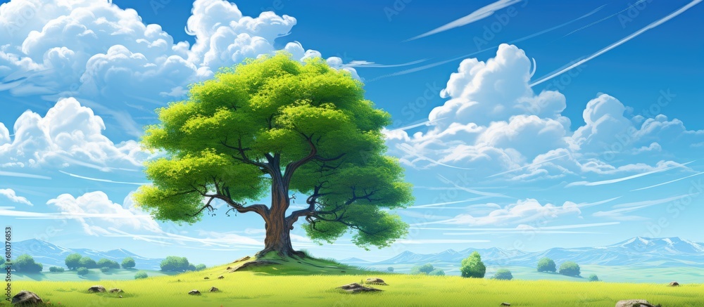 Fototapeta premium In the summery landscape, a majestic tree stands tall against the brilliant blue sky, its lush green leaves shining in the sunlight, creating a beautiful natural environment that is both bright and