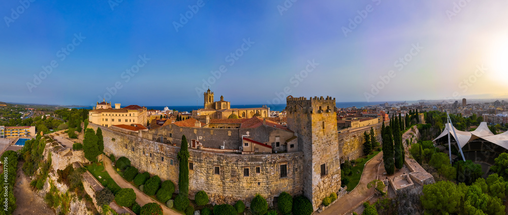 Aerial view of the Primatial Cathedral of Tarragona, a Roman Catholic church in Tarragona, Catalonia, Spain