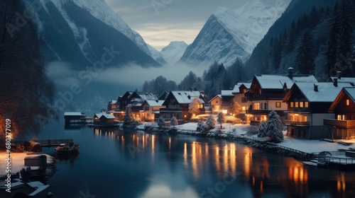 A town is lit up by snow in the evening.