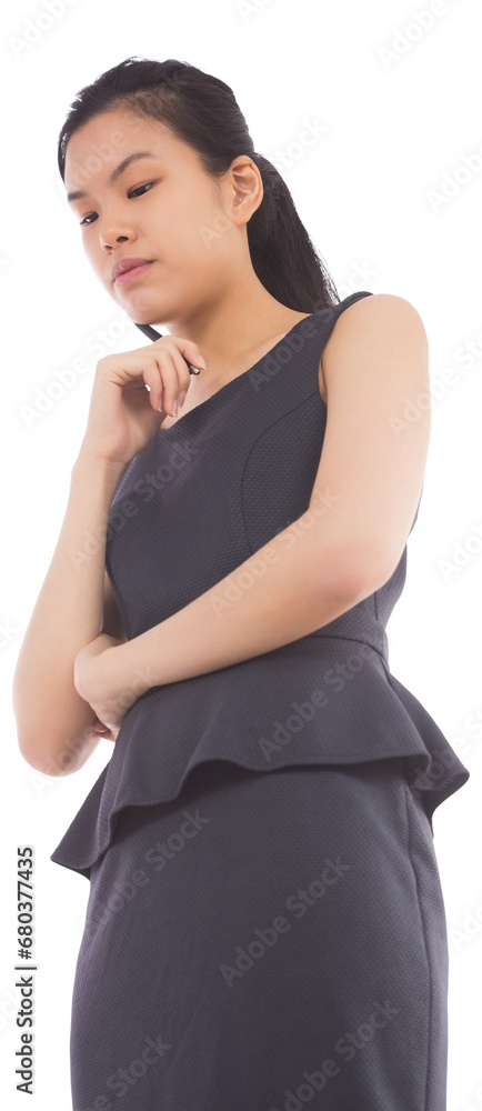 Digital png photo of focused asian businesswoman with pen, looking down on transparent background Digital png photo of focused asian businesswoman with pen, looking down on transparent background