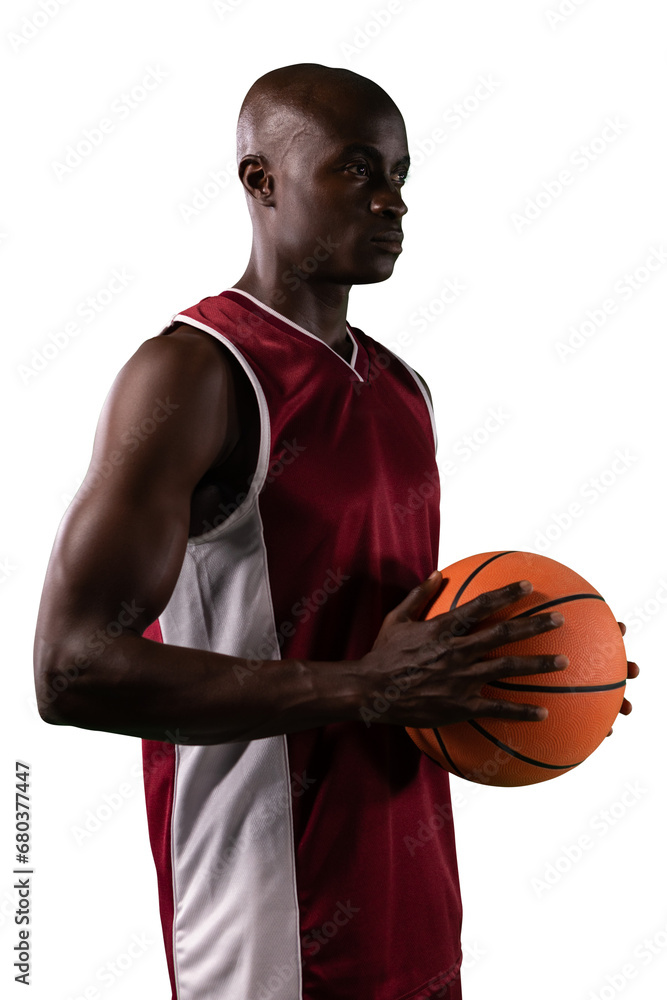 Obraz premium Digital png photo of focused african american basketball player with ball on transparent background