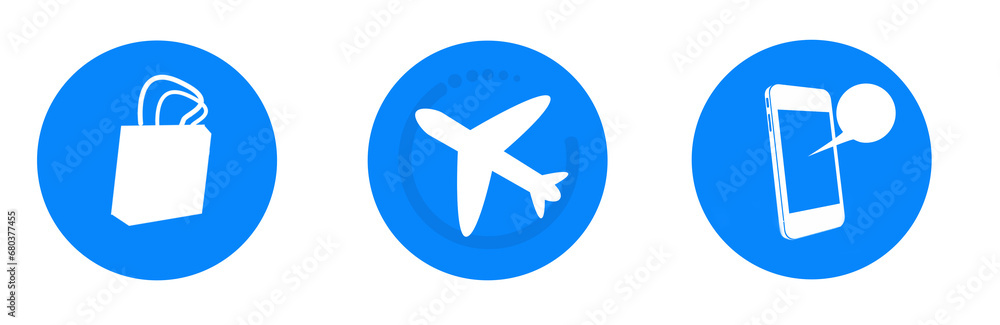 Digital png illustration of bag, plane and smartphone in blue circles on transparent background Digital png illustration of bag, plane and smartphone in blue circles on transparent background
