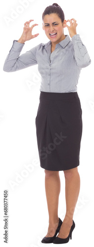 Digital png photo of furious caucasian businesswoman raising hands on transparent background