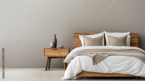 Modern bedroom with wooden bed on grey wall