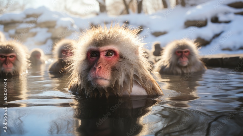 Naklejka premium Several snow monkeys laying in hot tub springs near rocks.