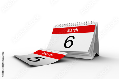 Digital png image of red and white calendar with 6th march on transparent background