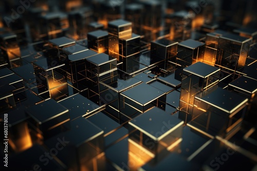 Decentralized real estate abstract background black and gold color.