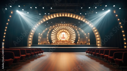 A stage of a tv talent show of jokes and comedy.
