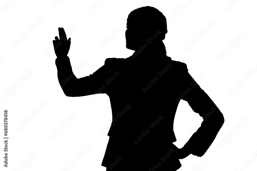 Digital png silhouette image of woman pointing finger on transparent background