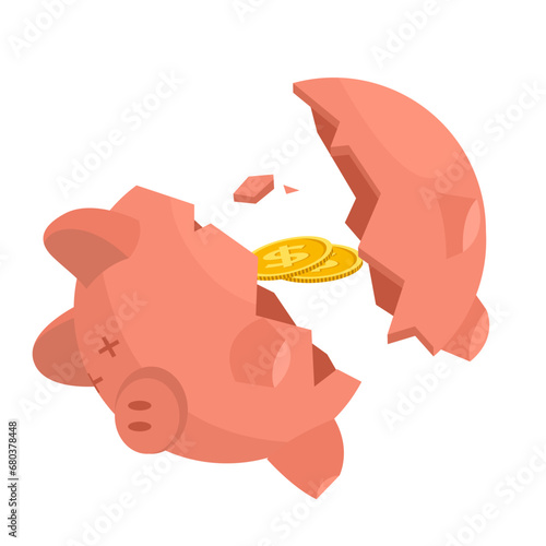 broken piggy bank and coins