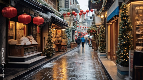 New Year's alley flanked and shops with New Year's decorations and gifts. © visoot