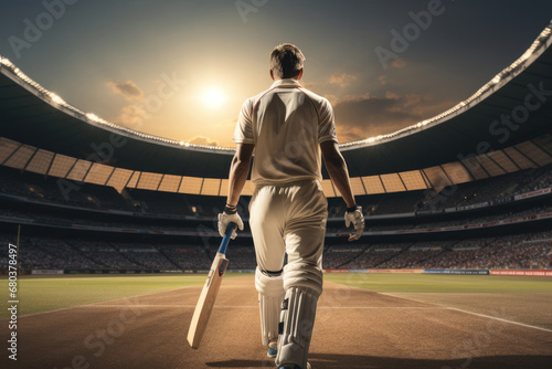 Cricket player walking into a cricket stadium dramatically. photo