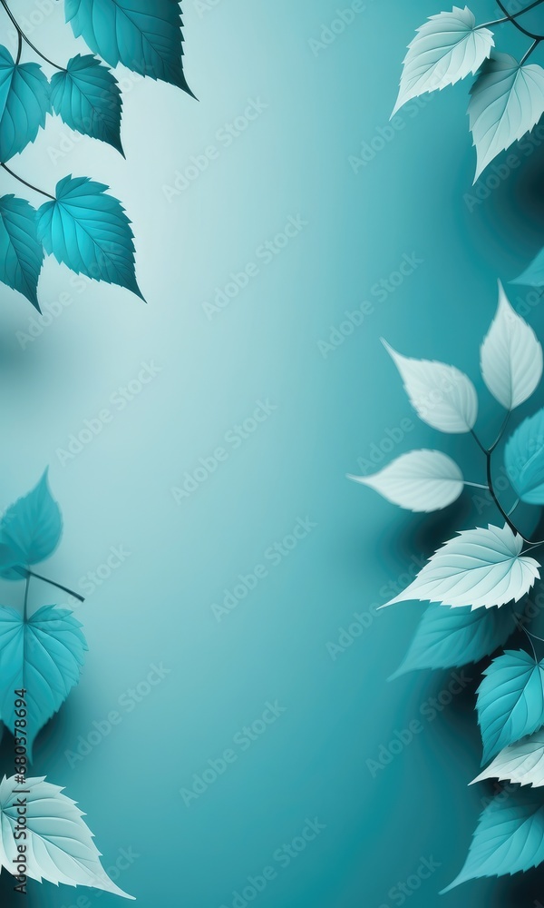 Abstract Cyan background with lines and blurry leaves