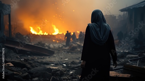 A far shot of a women wearing a black hijab is searching for something in the rubble, Damaged houses, Smoke, War.