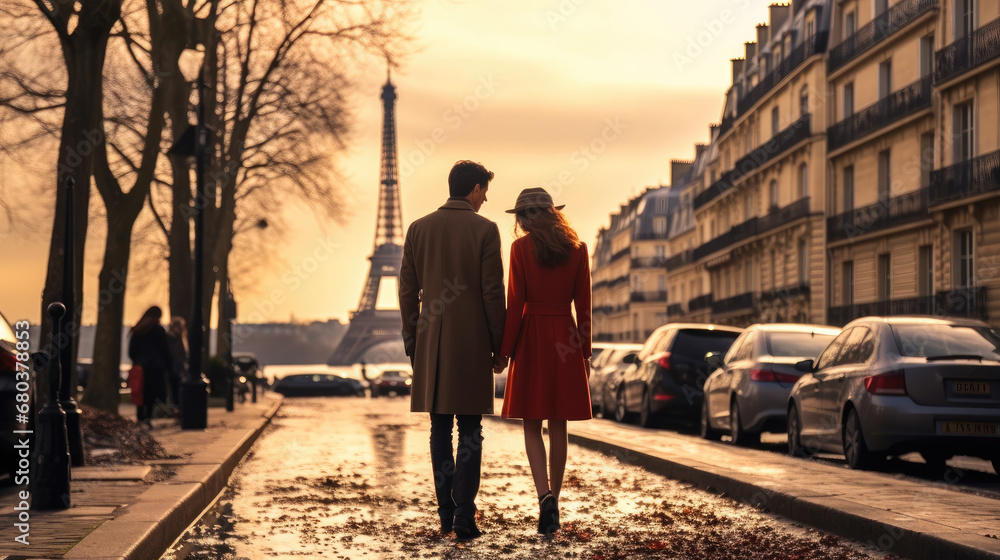 Romantic couple on city street at Paris on Valentine's Day. - obrazy, fototapety, plakaty 