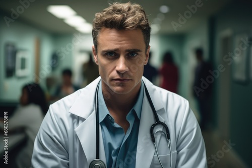 Young male surgeon in doctors coat, Sitting in the waiting room, Sad.