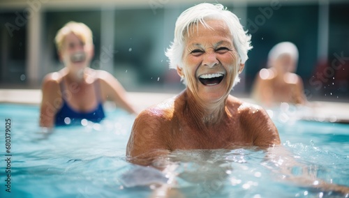 Joyful senior woman swimming in a pool, capturing active retirement and leisure lifestyle.