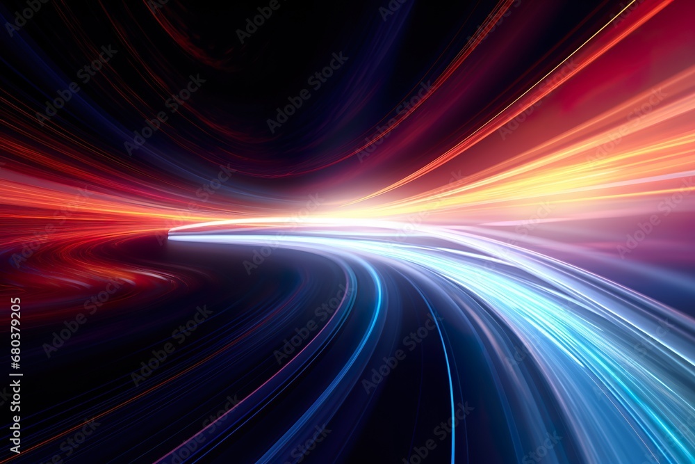 the information highway shows a tunnel of light, fluid rectilinear and curves, objective abstraction, quantum wave tracing, redshift