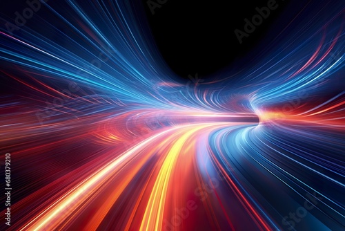 the information highway shows a tunnel of light, fluid rectilinear and curves, objective abstraction, quantum wave tracing, redshift