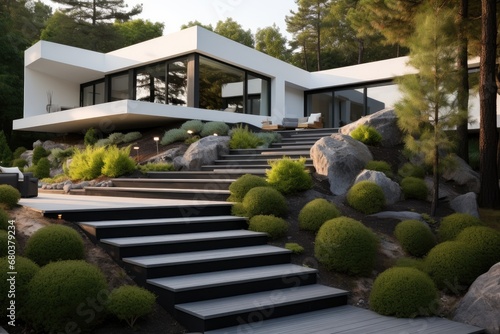 Modern garden with retaining walls, Stairs, Coniferous plants, Chill out zone. photo