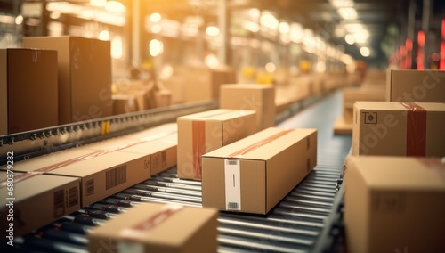 Cardboard boxes on a conveyor belt, depicting a busy distribution center, perfect for logistics and e-commerce themes.