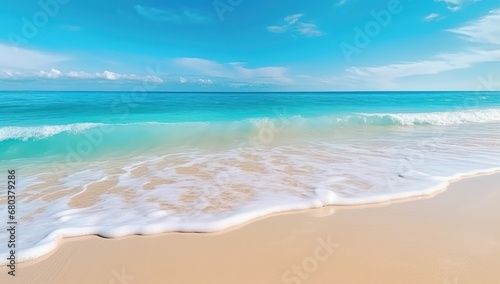 Pristine beach with turquoise water and clear sky  perfect for travel and tourism promotions.