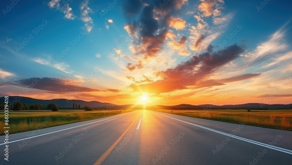 Open highway leading to a horizon at sunset, embodying themes of travel, freedom, and new beginnings.