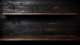 Dark wooden shelves on a rustic wall, ideal for highlighting products with a warm, vintage aesthetic.