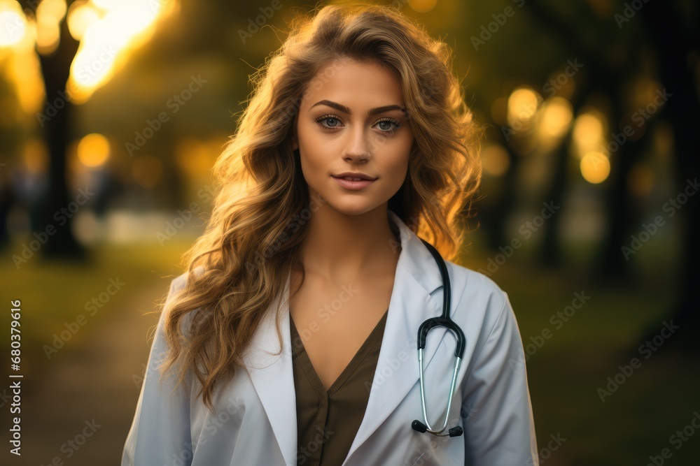 A motivated medical student practicing with a durable stethoscope in a peaceful park. A motivated medical student practicing with a durable stethoscope in a peaceful park.