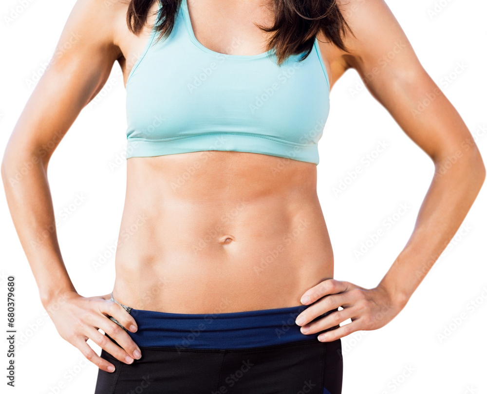 Digital png photo of caucasian muscular woman with hands on waist on transparent background Digital png photo of caucasian muscular woman with hands on waist on transparent background