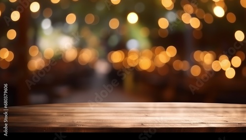 Wooden surface with warm bokeh lights, perfect for festive display backgrounds or intimate dining concepts.