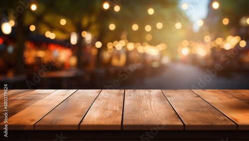Close-up of wooden table with a defocused restaurant interior, perfect for dining atmosphere and menu presentations.