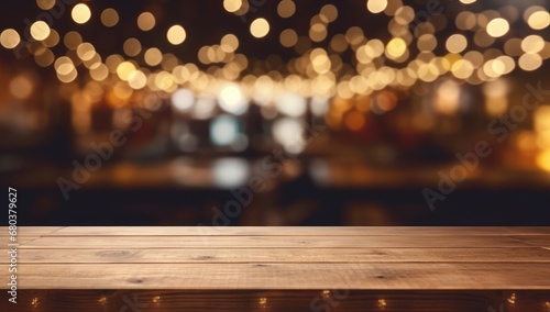Close-up of wooden table with a defocused restaurant interior, perfect for dining atmosphere and menu presentations. photo