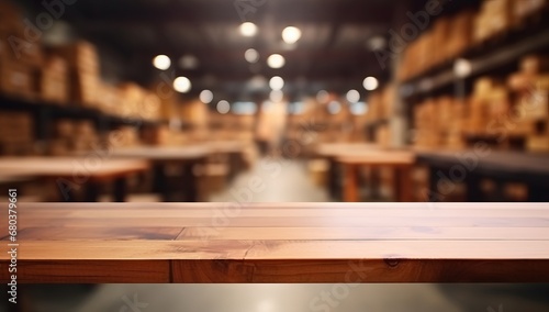 Wooden table forefront with a blurred warehouse interior in the background  suitable for commercial and industrial themes.