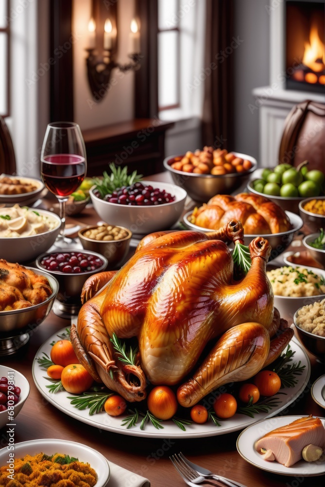 Naklejka premium Traditional thanksgiving dinner with roasted turkey background 