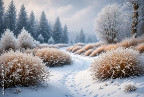 Winter atmospheric landscape with frost covered dry plants during snowfall