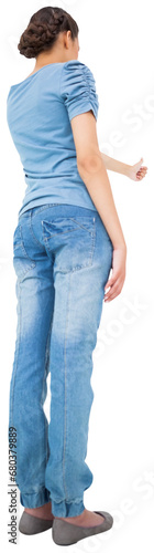 Digital png photo of back of biracial woman pointing on transparent background