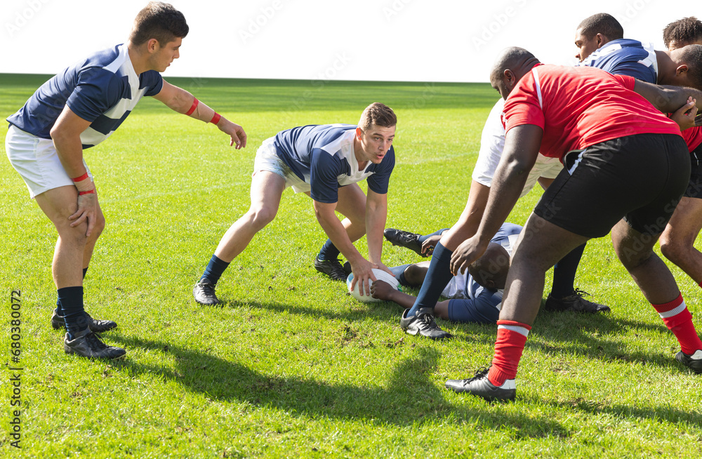 Fototapeta premium Digital png photo of diverse male rugby players on court on transparent background