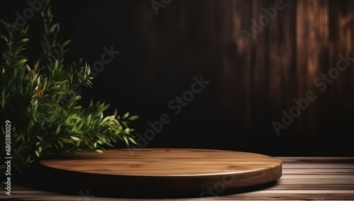 Minimalist wooden table with potted plants on a dark background, ideal for interior design and home decor themes.
