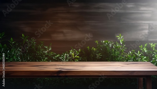 Minimalist wooden table with potted plants on a dark background, ideal for interior design and home decor themes.