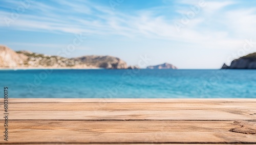Wooden boardwalk with a blurred seascape, perfect for vacation and travel marketing.