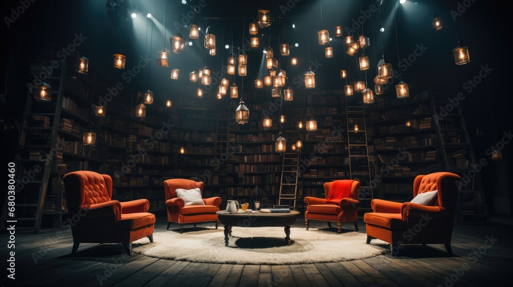 An empty stage with many chairs around it and a number of books on it. - obrazy, fototapety, plakaty 