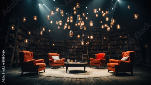 An empty stage with many chairs around it and a number of books on it. photo