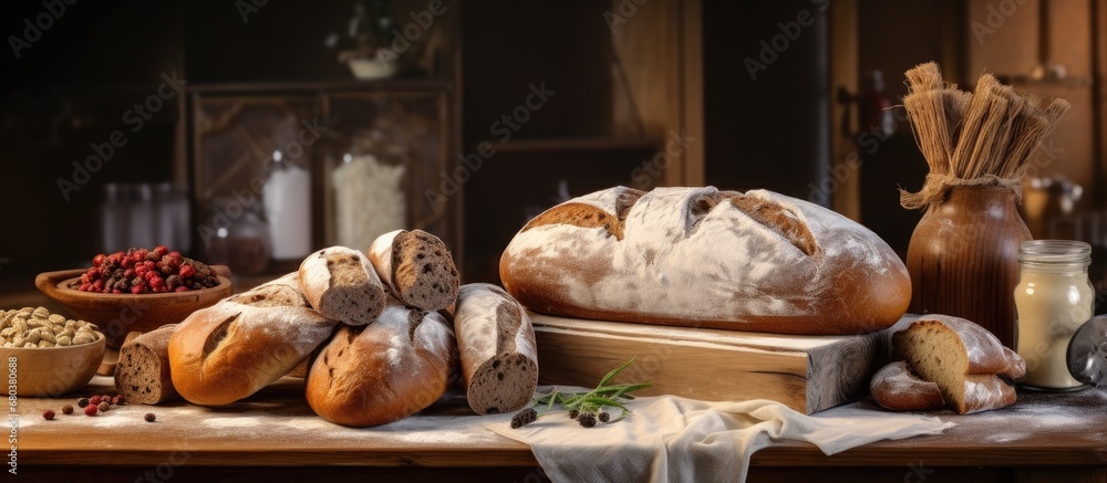 At the bakery, a freshly baked cake adorned the white table, while bread and pastries on a wooden board showcased the artisan's skillful preparation of a homemade meal with walnuts and yeast-infused