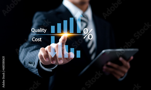 Cost and quality control, Businessman touching with quality control growth graph and cost reduction. cost optimization for products or services to improve customer satisfaction