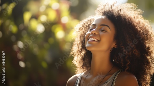 Beautiful American African woman taking a deep breath in blurred garden background with sunlight. photo